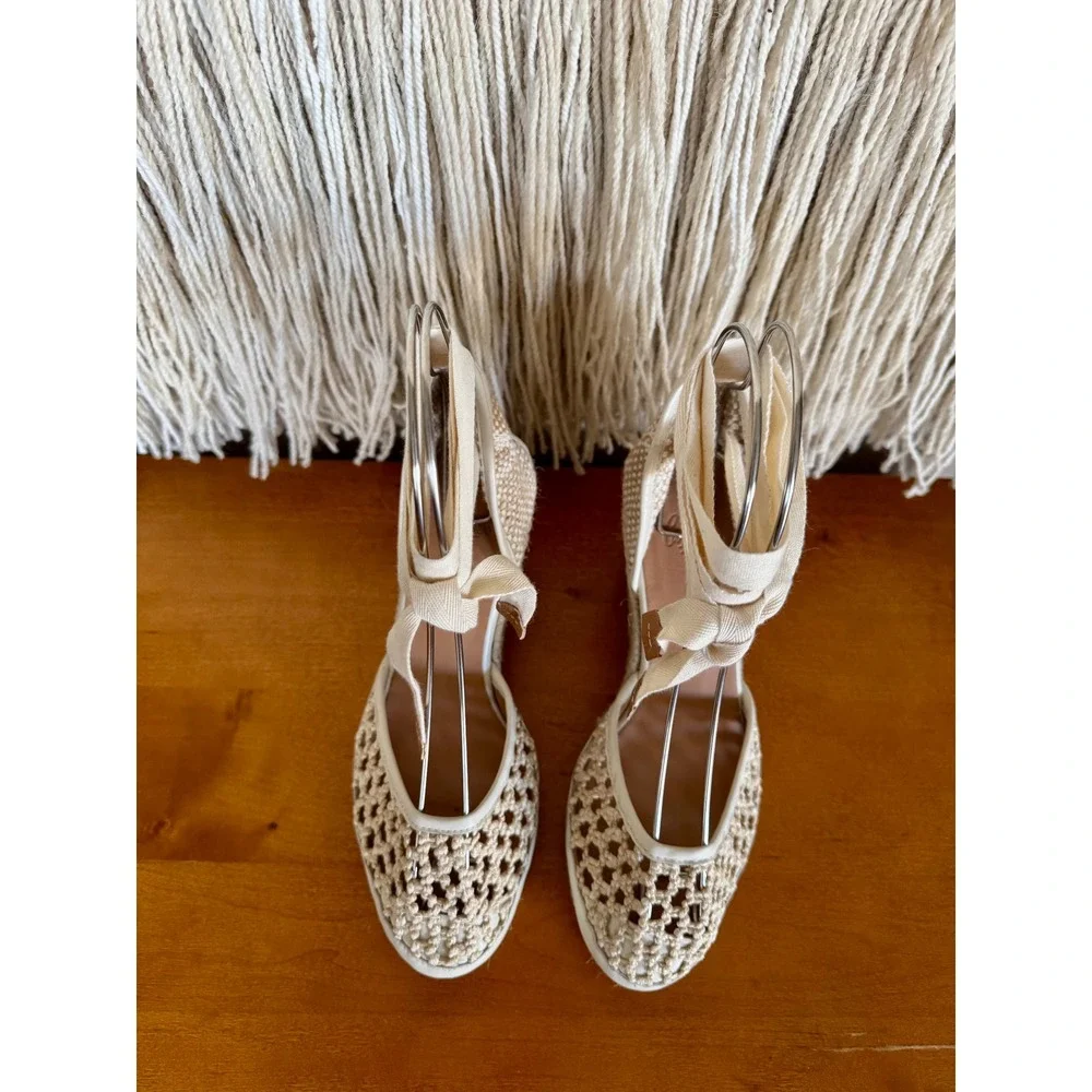 Castaner Carola Beige Jute Ankle Wrap Espadrille Platform Wedge Sandal Size 6